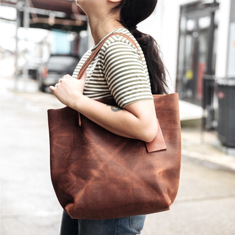 KMM & Co Genuine 100% Leather Handmade Tote Bag Purse - 11 inch strap